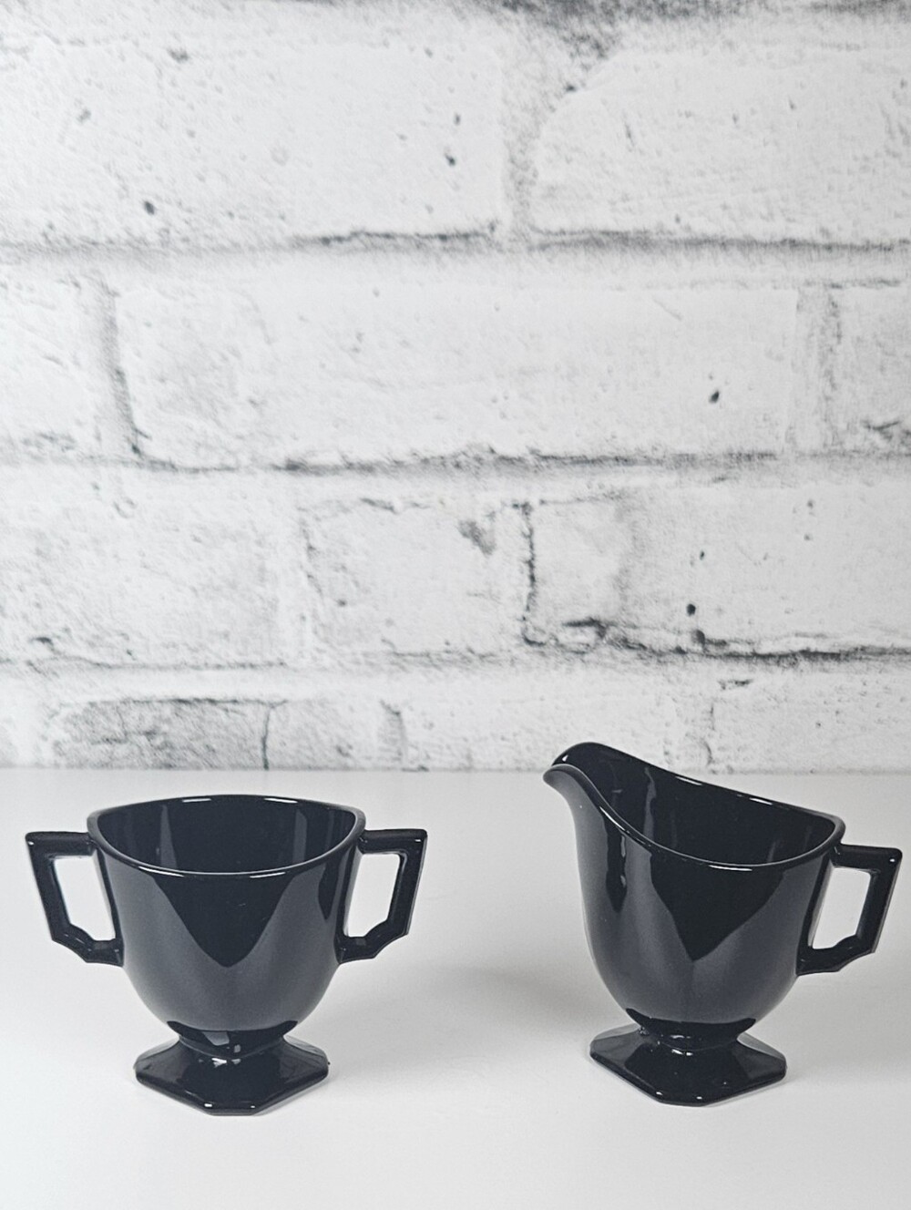 Vintage Black Art Deco Sugar Bowl Creamer Set Geometric Footed